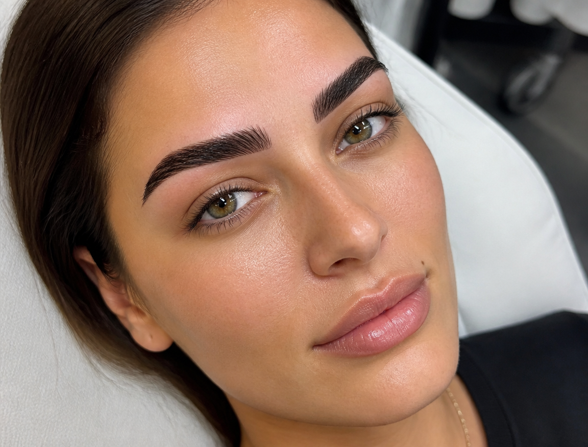 Freshly tinted and precision-shaped dark eyebrows on a San Marcos client at Queen Threading
