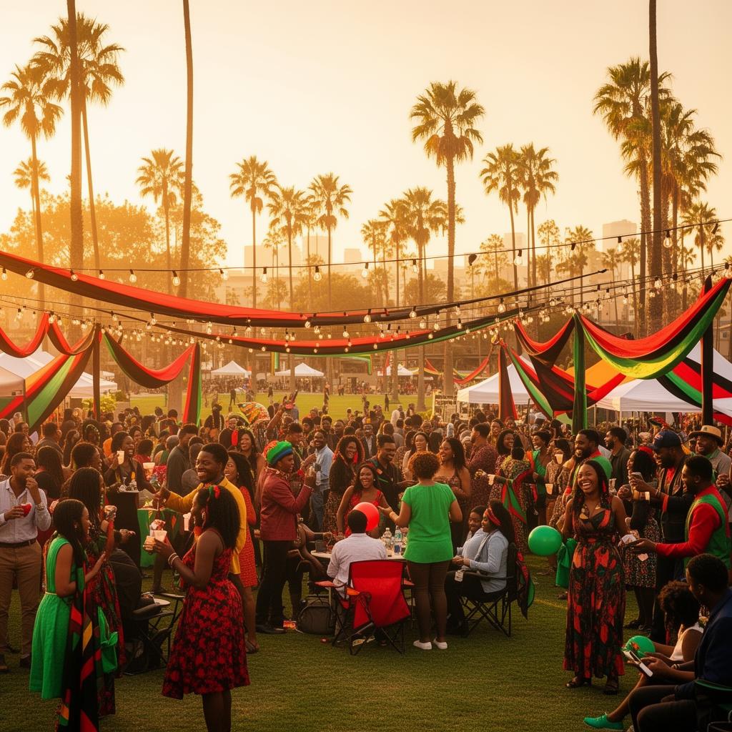 Juneteenth celebration in San Diego with red, black, and green decorative elements and community gathering at sunset