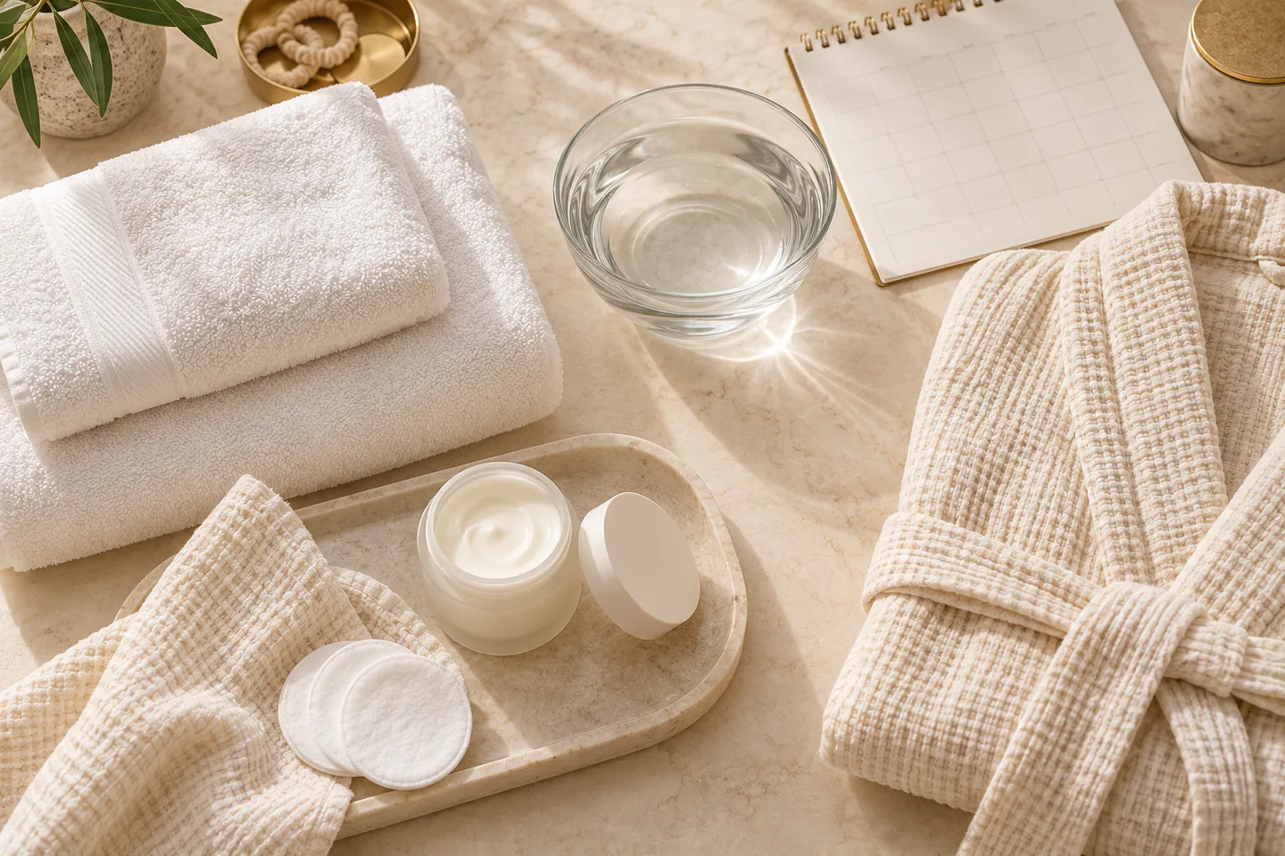 Breathable cotton robe, clean towels and gentle skincare arranged for Brazilian wax aftercare