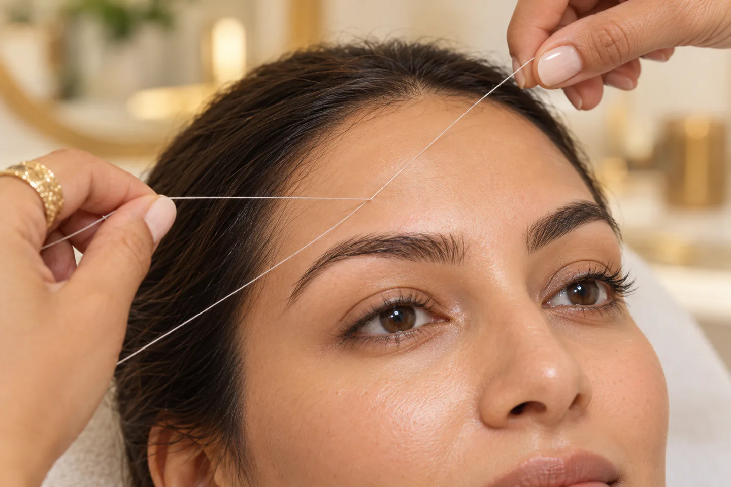 Professional cotton eyebrow threading shown in a softly lit beauty studio for an aftercare guide