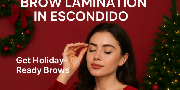 Close-up of a woman getting a brow lamination treatment at a beauty salon in Escondido, CA, for smooth, lifted, and holiday-ready eyebrows
