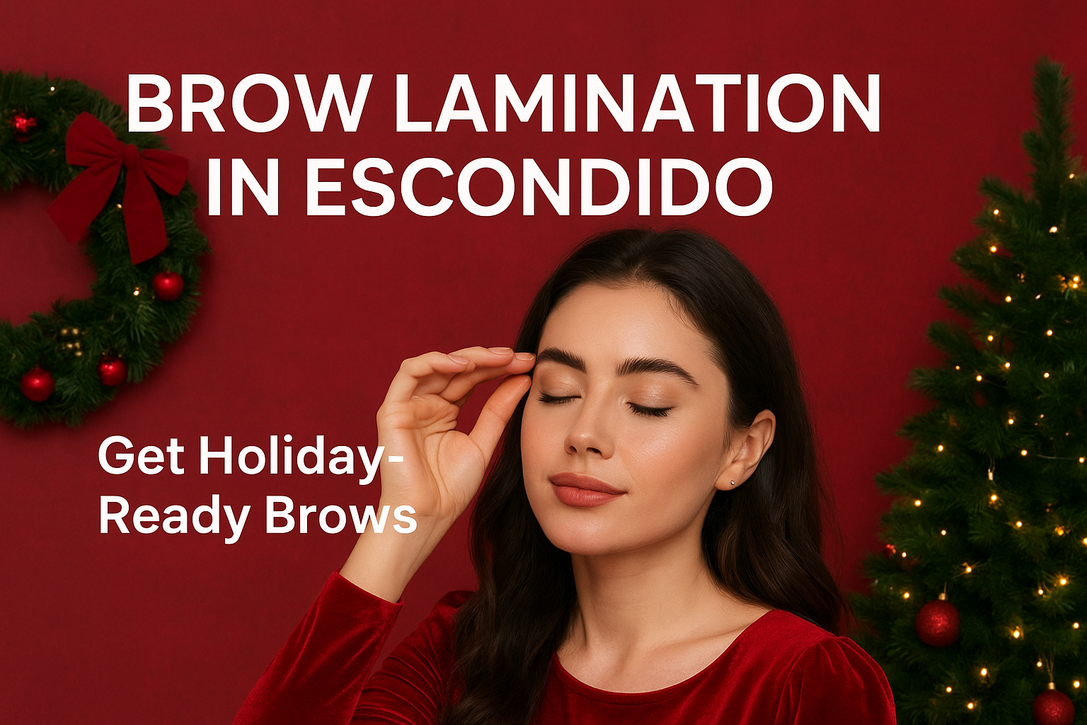 Close-up of a woman getting a brow lamination treatment at a beauty salon in Escondido, CA, for smooth, lifted, and holiday-ready eyebrows