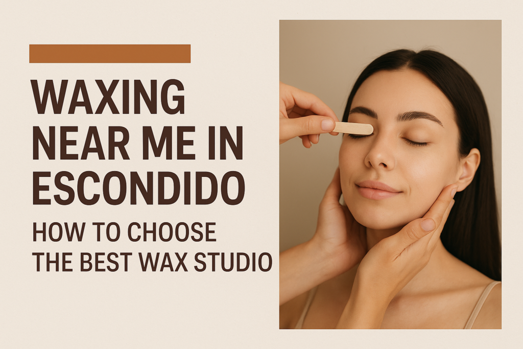 Holiday-themed promotional image showing a woman touching her smooth face after waxing, with a festive red background and the text ‘Waxing Near Me Escondido’ displayed