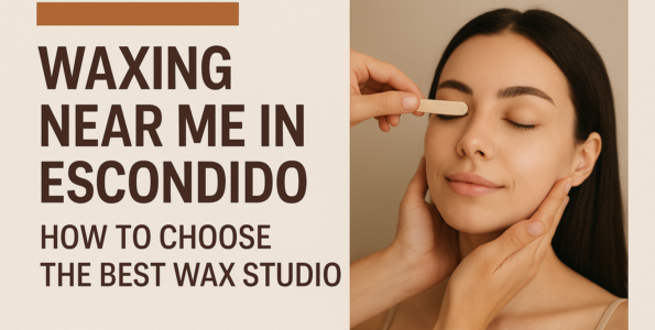 Holiday-themed promotional image showing a woman touching her smooth face after waxing, with a festive red background and the text ‘Waxing Near Me Escondido’ displayed
